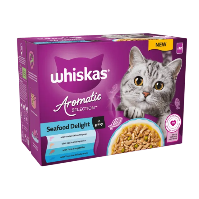 پوچ گربه ویسکاس منتخب انواع ماهی معطر لذیذ در سس سبزیحات پک اورجینال WHISKAS® 1+ Aromatic Seafood Delight Selection In Gravy