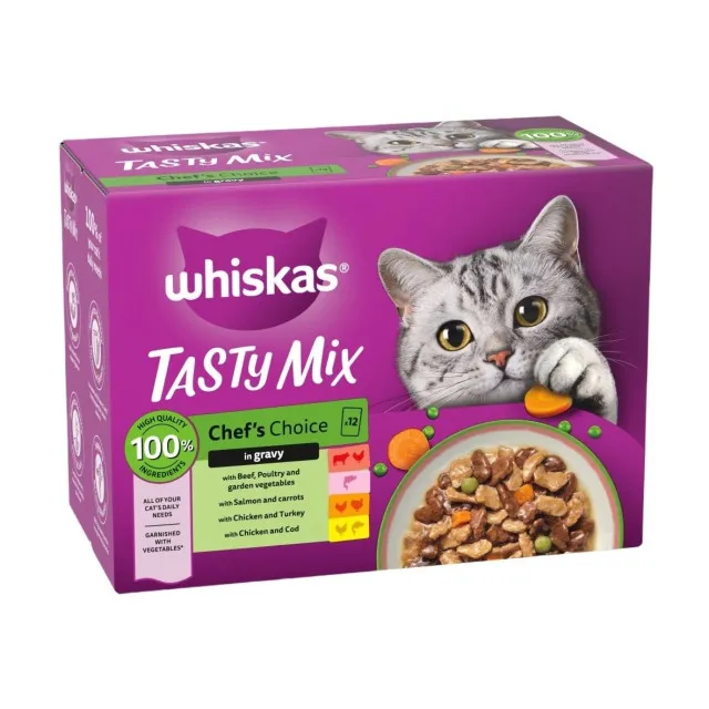 پوچ گربه ویسکاس پیشنهاد سرآشپز در سس گوشت Whiskas 1+ Tasty Mix Chefs Choice In Gravy،