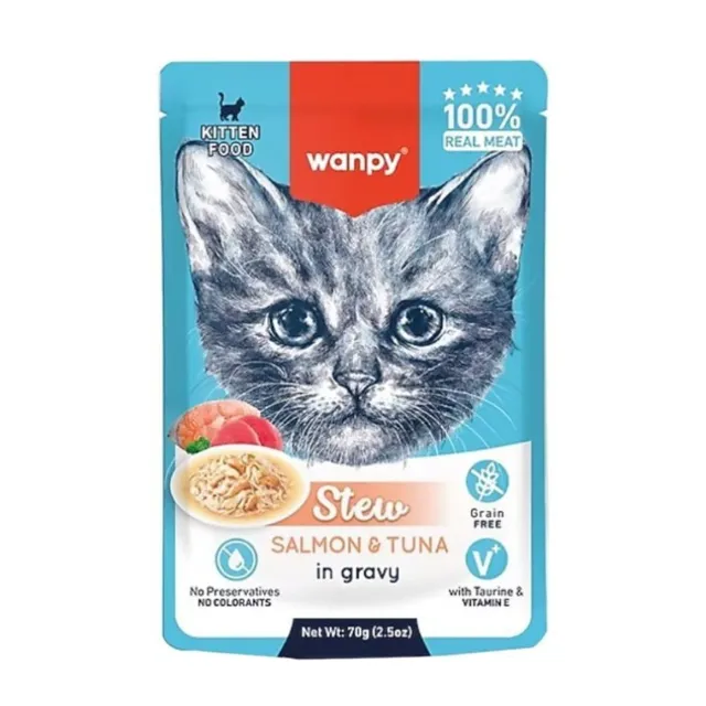 پوچ بچه گربه ونپی ماهی سالمون و تن در سس گریویWanpy Kitten Stew Salmon & Tuna In Gravy 