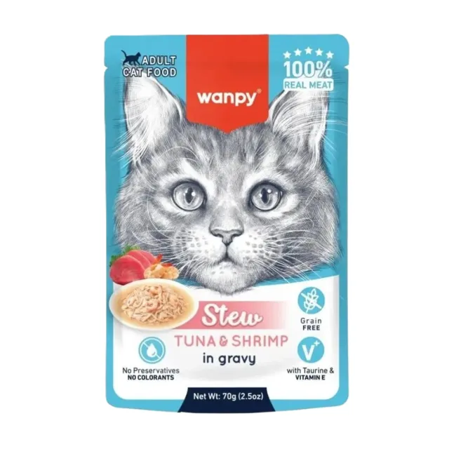 پوچ گربه ونپی میگو و ماهی تن در سس گریویWanpy Stew Tuna & Chicken In Gravy 70g