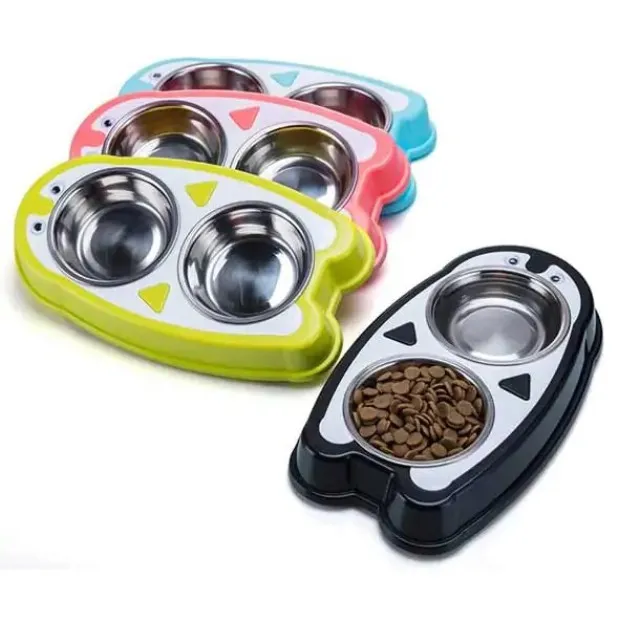 ظرف آب و غذای دو قلو سگ طرح پنگوئن همراه با کاسه استیل The Penguin Dog Bowl