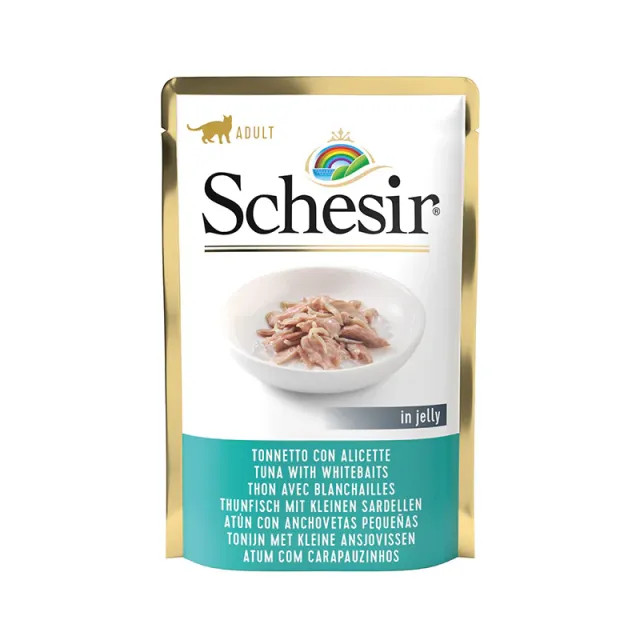 پوچ گربه شسیر ماهی تن و نرم‌تن دریایی در ژله Schesir Tuna with Whitebaits
