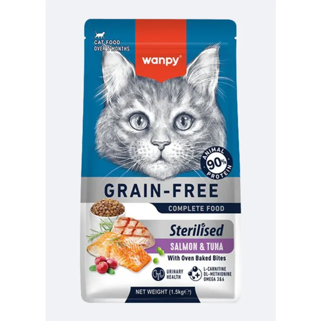 غذای خشک گربه عقیم شده ونپی ماهی سالمون و تن Wanpy Adult sterilized Cat Food - Salmon & Tuna 1.5kg