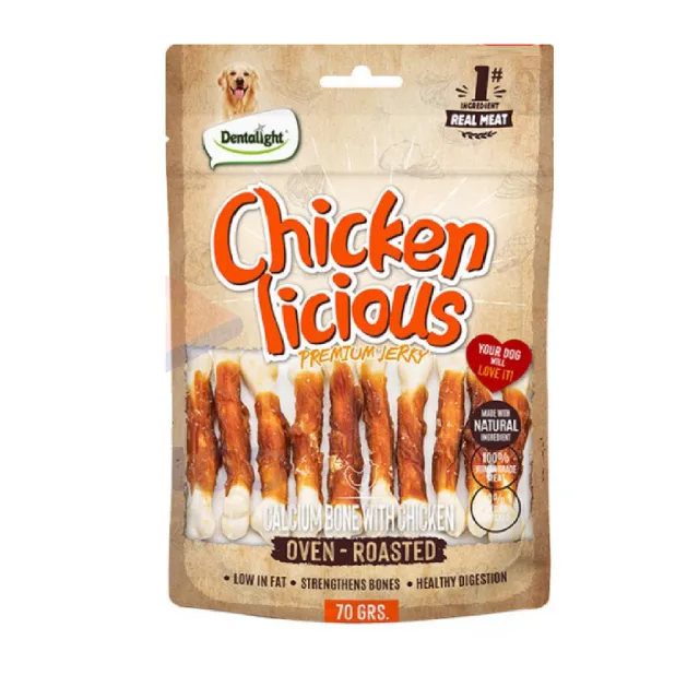 تشویقی سگ دنتالایت استخوان کلسیم دورپیچ مرغ ِDentalight Chicken Licious Premium Jerky-Calcium Bone With Chicken 70g