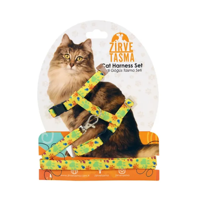 قلاده تنی گربه با بند طرح دار-زرد