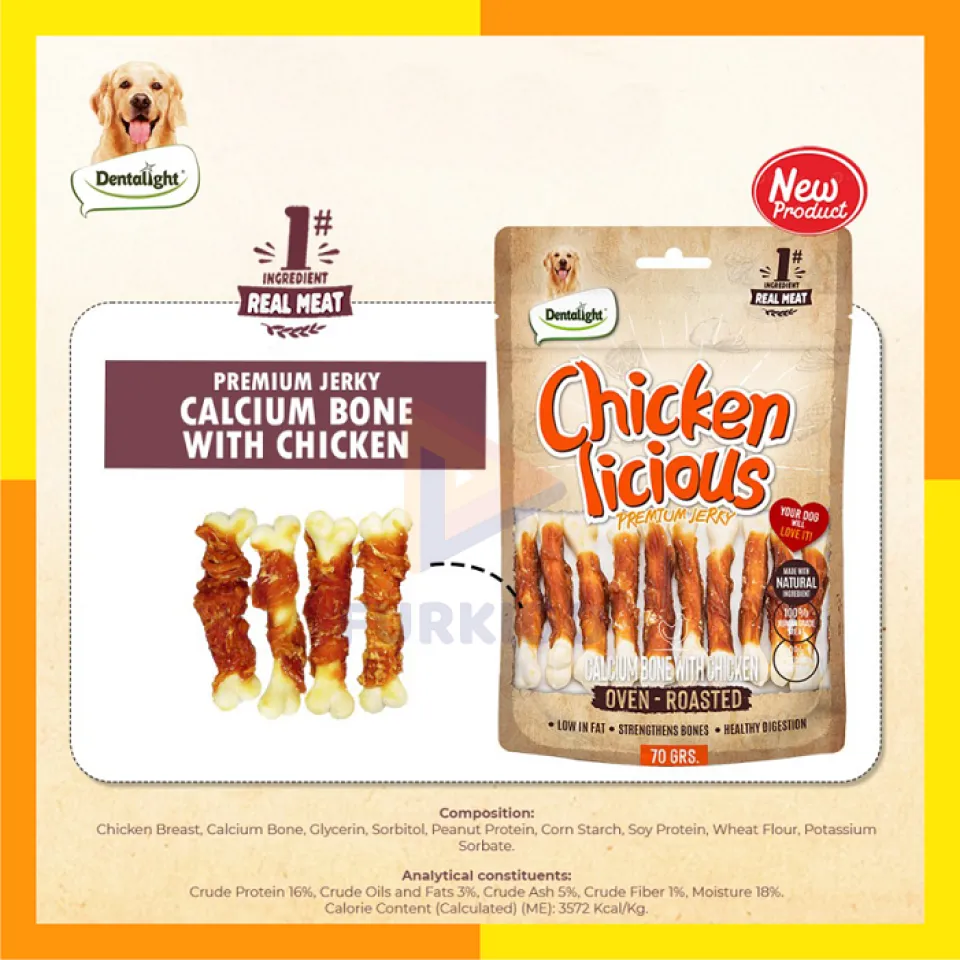 تشویقی سگ دنتالایت استخوان کلسیم دورپیچ مرغ ِDentalight Chicken Licious Premium Jerky-Calcium Bone With Chicken 70g