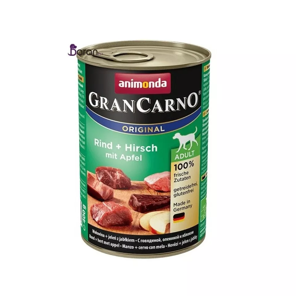 كنسرو سگ گرن کارنو حاوی گوشت گاو، گوزن و سیب (400 گرم)