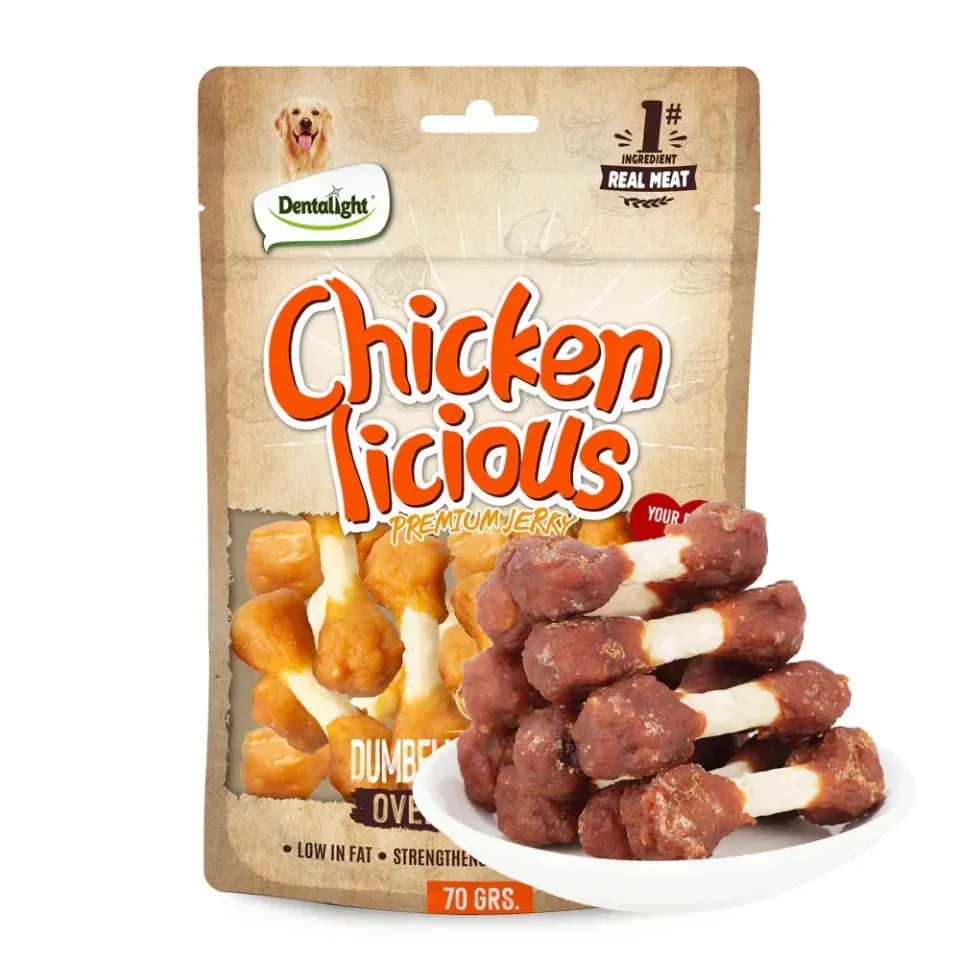 تشویقی سگ دنتالایت دمبل دورپیچ مرغ ِDentalight Chicken Licious Premium Jerky-Dumbbell of Chicken 70g