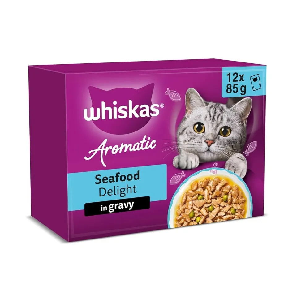 پوچ گربه ویسکاس منتخب انواع ماهی معطر لذیذ در سس سبزیحات پک اورجینال WHISKAS® 1+ Aromatic Seafood Delight Selection In Gravy