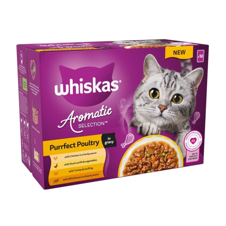 پوچ گربه ویسکاس منتخب انواع مرغ معطر بی نظیر در سس سبزیحات  WHISKAS® 1+ Aromatic Purrfect Poultry Selection
