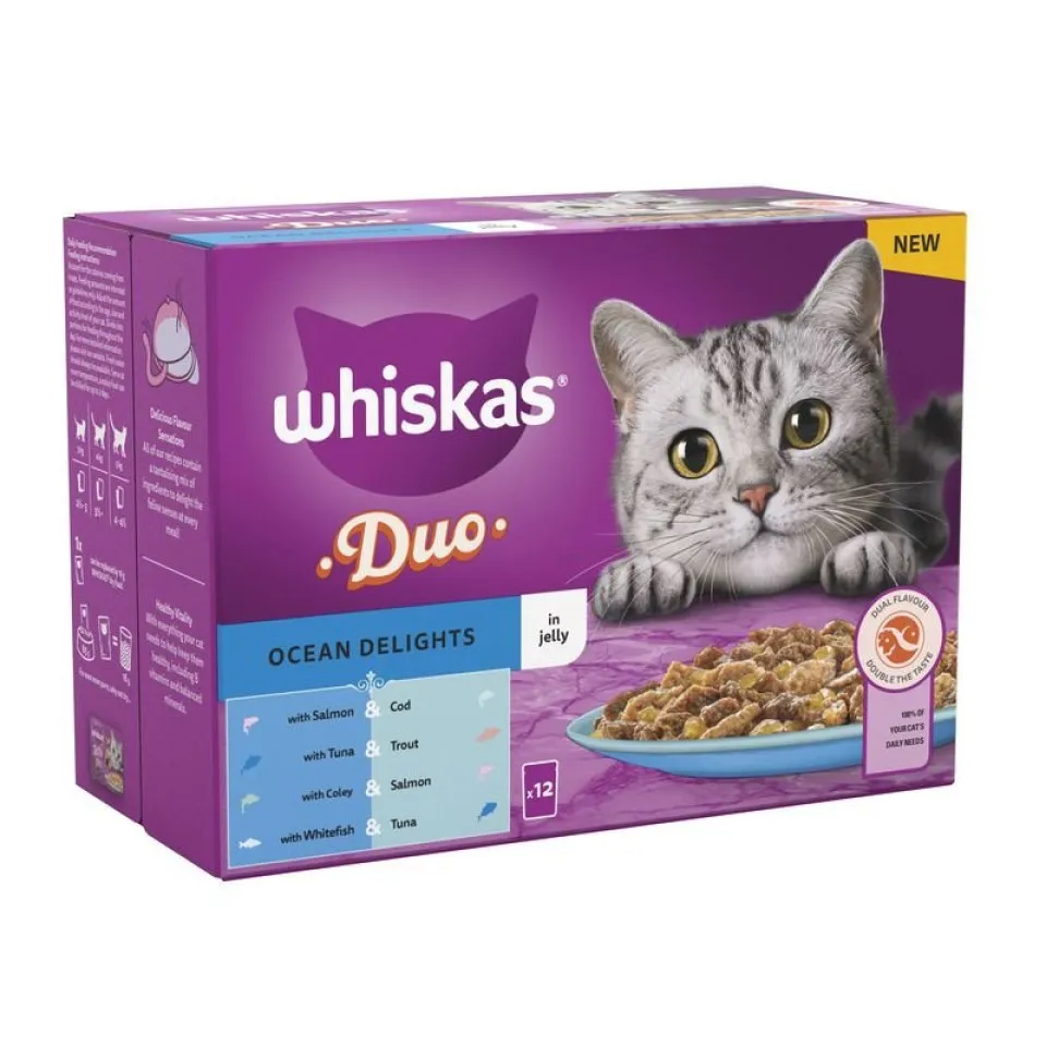 پک پوچ گربه ویسکاس انواع ماهی دریایی در ژله Whiskas 1+ Duo Ocean Delights in Jelly