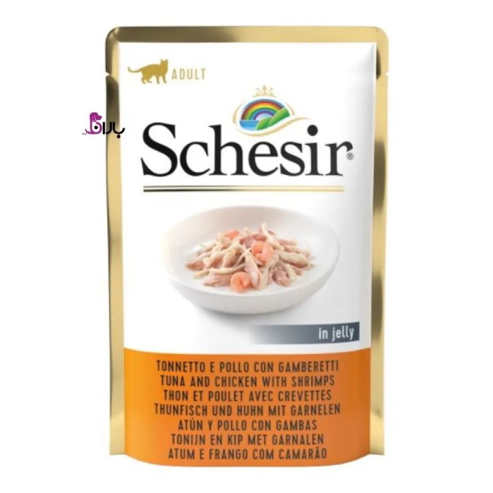 پوچ گربه شسیر مرغ و ماهی تن و میگو 100 گرمی