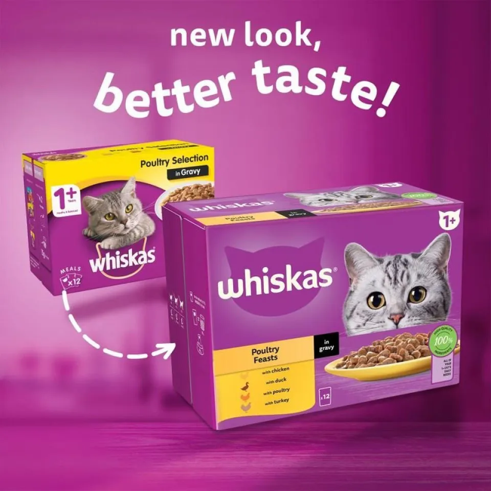پک پوچ گربه ویسکاس گوشت پرندگان در سس گریوی (12 عددی) Whiskas Poultry Feasts in Gravy 