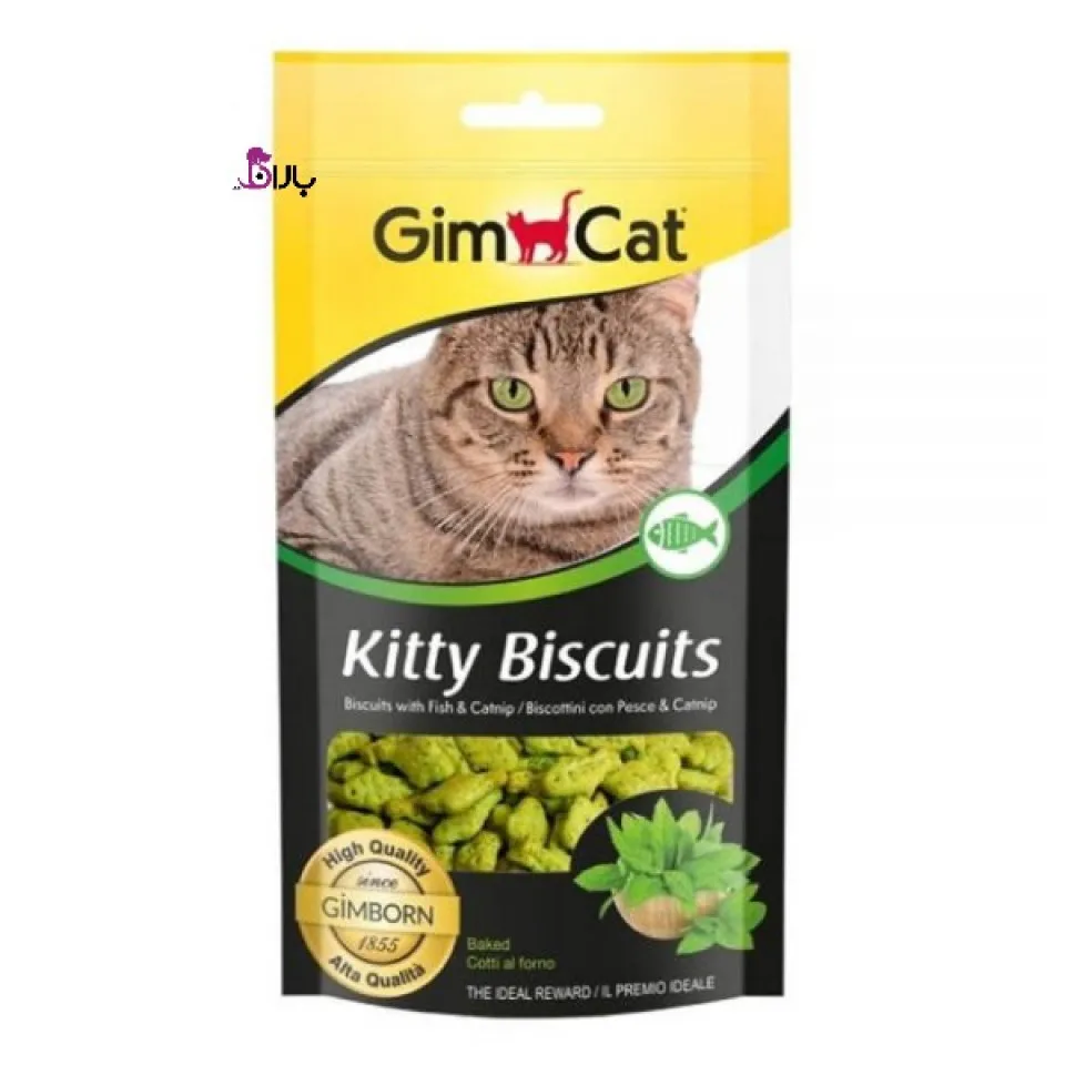 تشویقی بیسکویتی گربه جیم کت با طعم ماهی و کتنیپ (Gimcat kitty biscuits with fish and catnip 40g) 