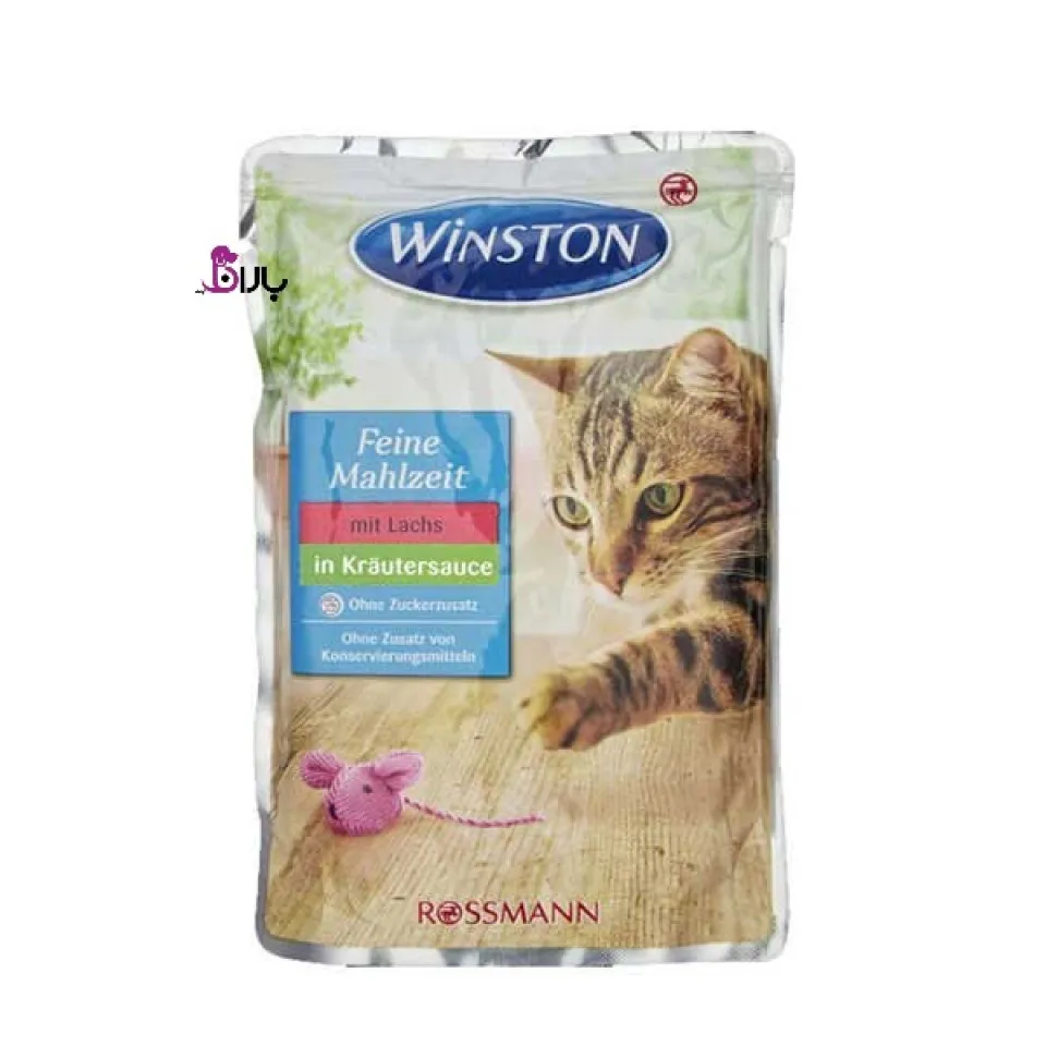 پوچ گربه وینستون طعم ماهی در ژله گیاهی 100 گرم ا Winston Pouch With Mit Lachs & In Krautersauce 100g