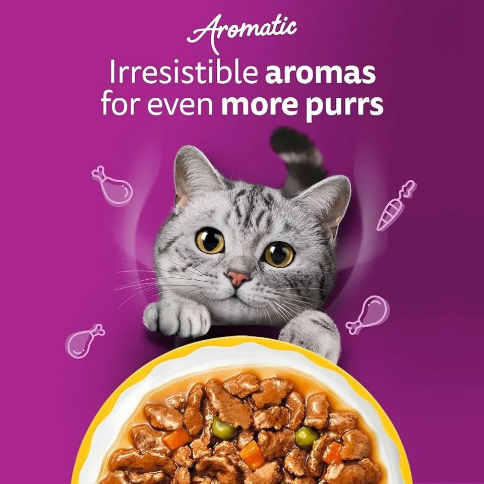 پوچ گربه ویسکاس منتخب انواع مرغ معطر بی نظیر در سس سبزیحات  WHISKAS® 1+ Aromatic Purrfect Poultry Selection