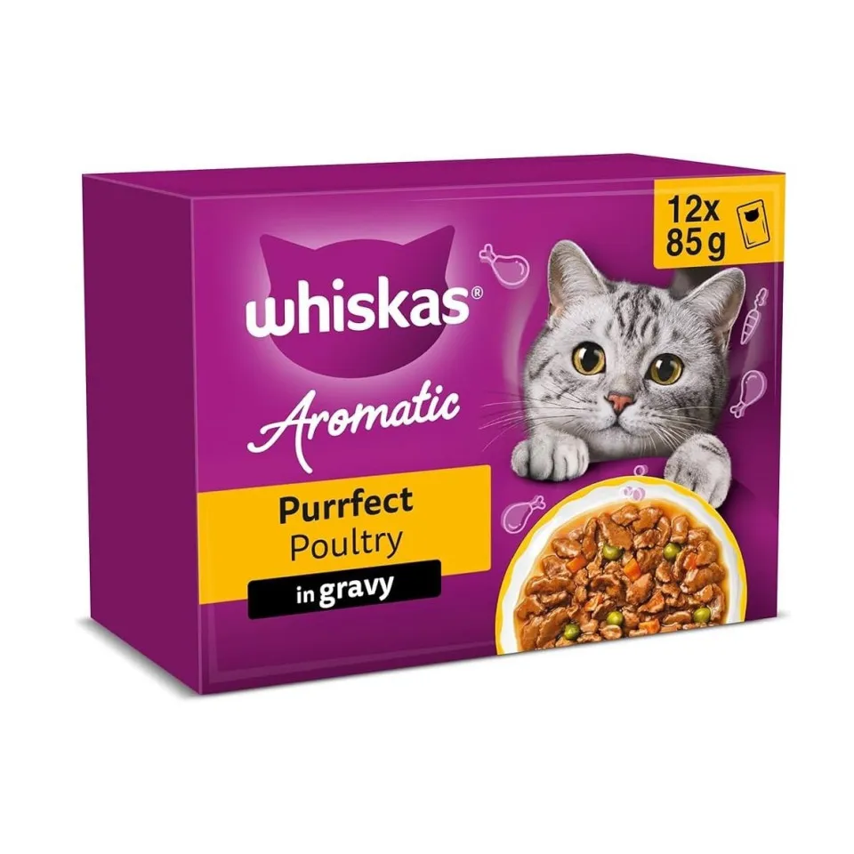پوچ گربه ویسکاس منتخب انواع مرغ معطر بی نظیر در سس سبزیحات  WHISKAS® 1+ Aromatic Purrfect Poultry Selection