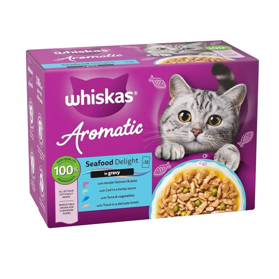 پوچ گربه ویسکاس منتخب انواع ماهی معطر لذیذ در سس سبزیحات پک اورجینال WHISKAS® 1+ Aromatic Seafood Delight Selection In Gravy