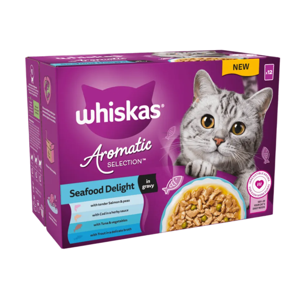 پوچ گربه ویسکاس منتخب انواع ماهی معطر لذیذ در سس سبزیحات پک اورجینال WHISKAS® 1+ Aromatic Seafood Delight Selection In Gravy