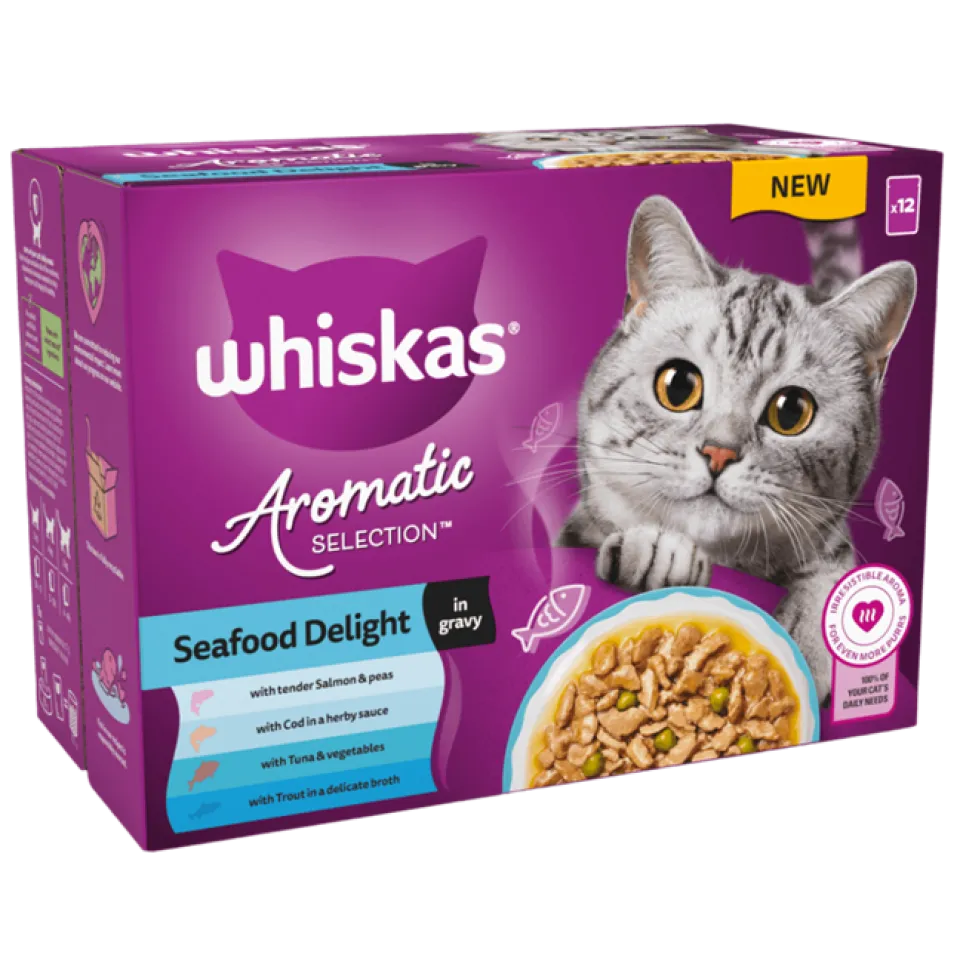 پوچ گربه ویسکاس منتخب انواع ماهی معطر لذیذ در سس سبزیحات پک اورجینال WHISKAS® 1+ Aromatic Seafood Delight Selection In Gravy