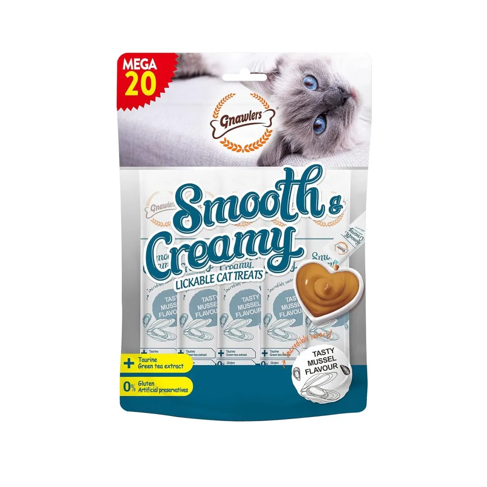 بستنی گربه گنالرز صدف آبی و تورین Gnawlers Smooth & Creamy Lickable Cat Treat Mussel Flavour Mega Pack 