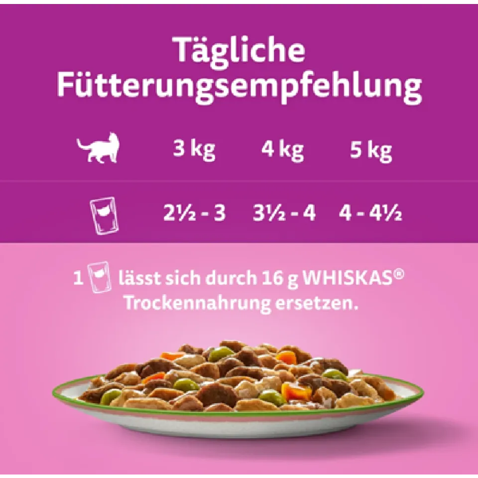 پوچ گربه ویسکاس منتخب انواع ماهی معطر لذیذ در سس سبزیحات پک اورجینال WHISKAS® 1+ Aromatic Seafood Delight Selection In Gravy