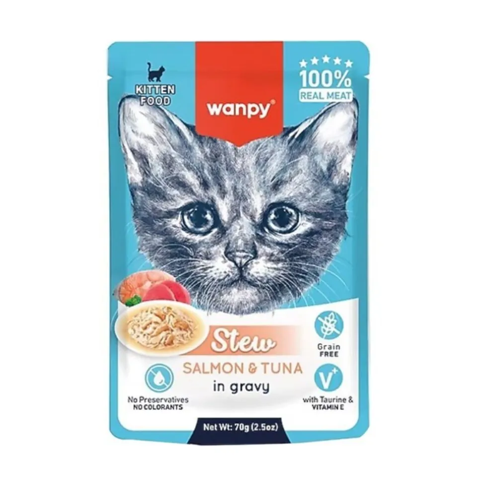 پوچ بچه گربه ونپی ماهی سالمون و تن در سس گریویWanpy Kitten Stew Salmon & Tuna In Gravy 