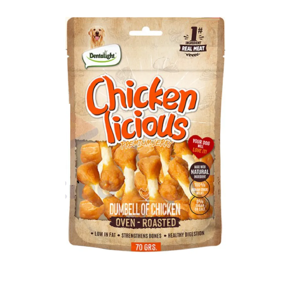 تشویقی سگ دنتالایت دمبل دورپیچ مرغ ِDentalight Chicken Licious Premium Jerky-Dumbbell of Chicken 70g