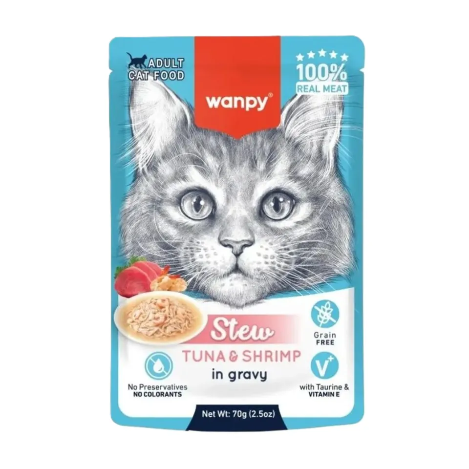 پوچ گربه ونپی میگو و ماهی تن در سس گریویWanpy Stew Tuna & Chicken In Gravy 70g
