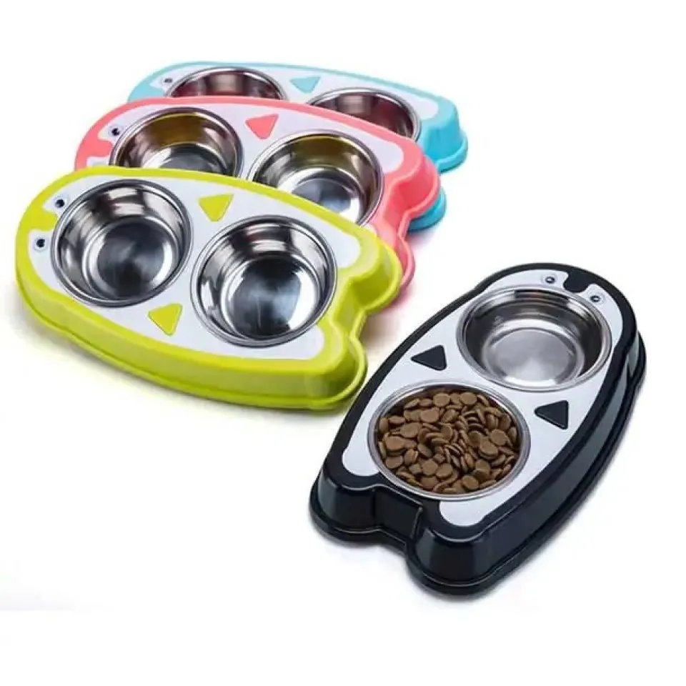 ظرف آب و غذای دو قلو سگ طرح پنگوئن همراه با کاسه استیل The Penguin Dog Bowl