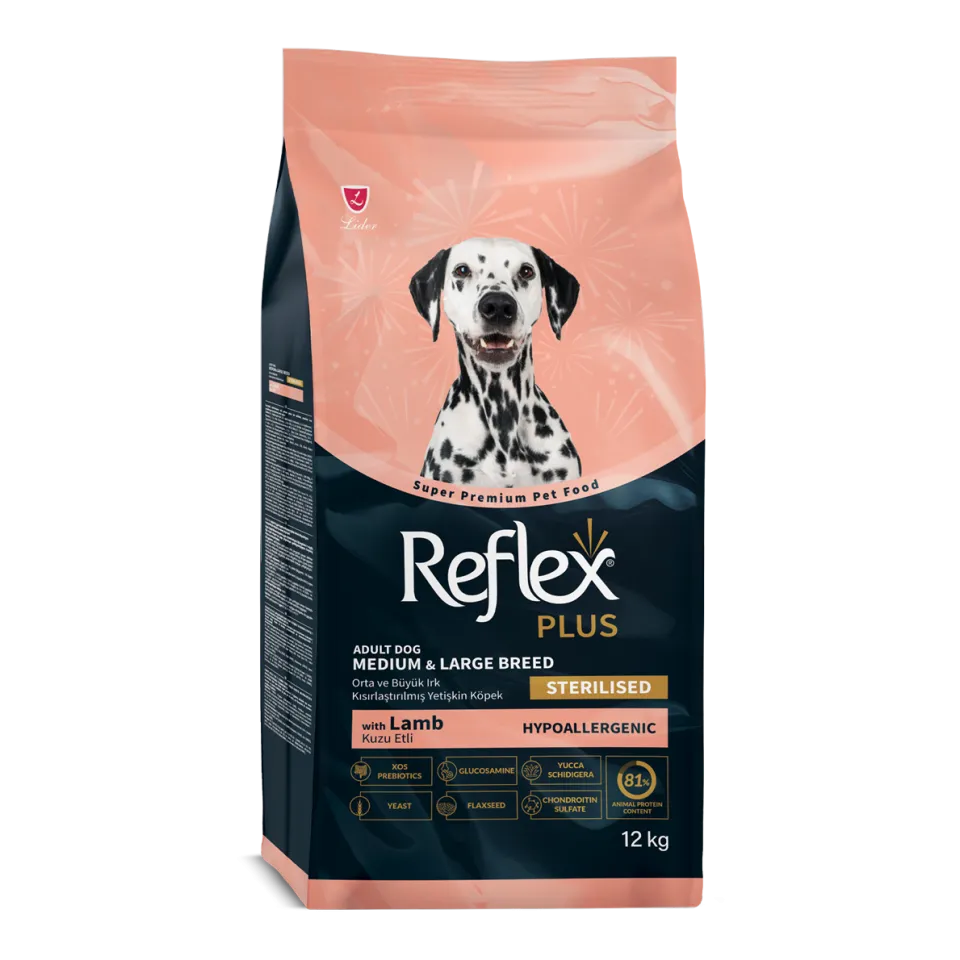 غذای خشک سگ بالغ عقیم شده نژاد متوسط و بزرگ رفلکس پلاس طعم بره Reflex Plus Sterilised Medium & Large Breed Adult Dog Food with Lamb 12kg