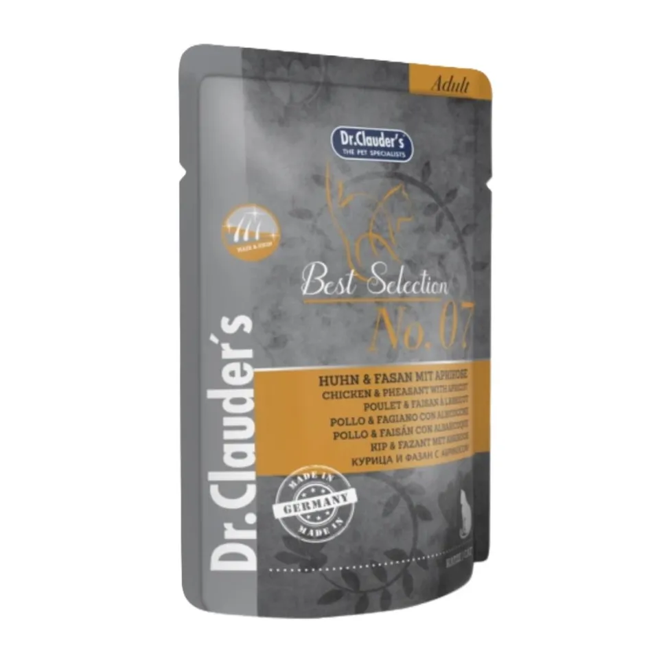 پوچ گربه دکتر کلادرز مرغ و قرقاول همراه با زردآلو Dr. Clauder's Best selection Adult Chicken & Pheasant With Apricot NO.7