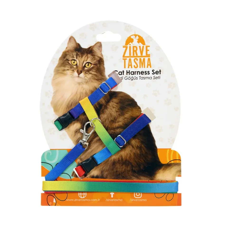 قلاده تنی گربه با بند طرح دار - رنگین کمان