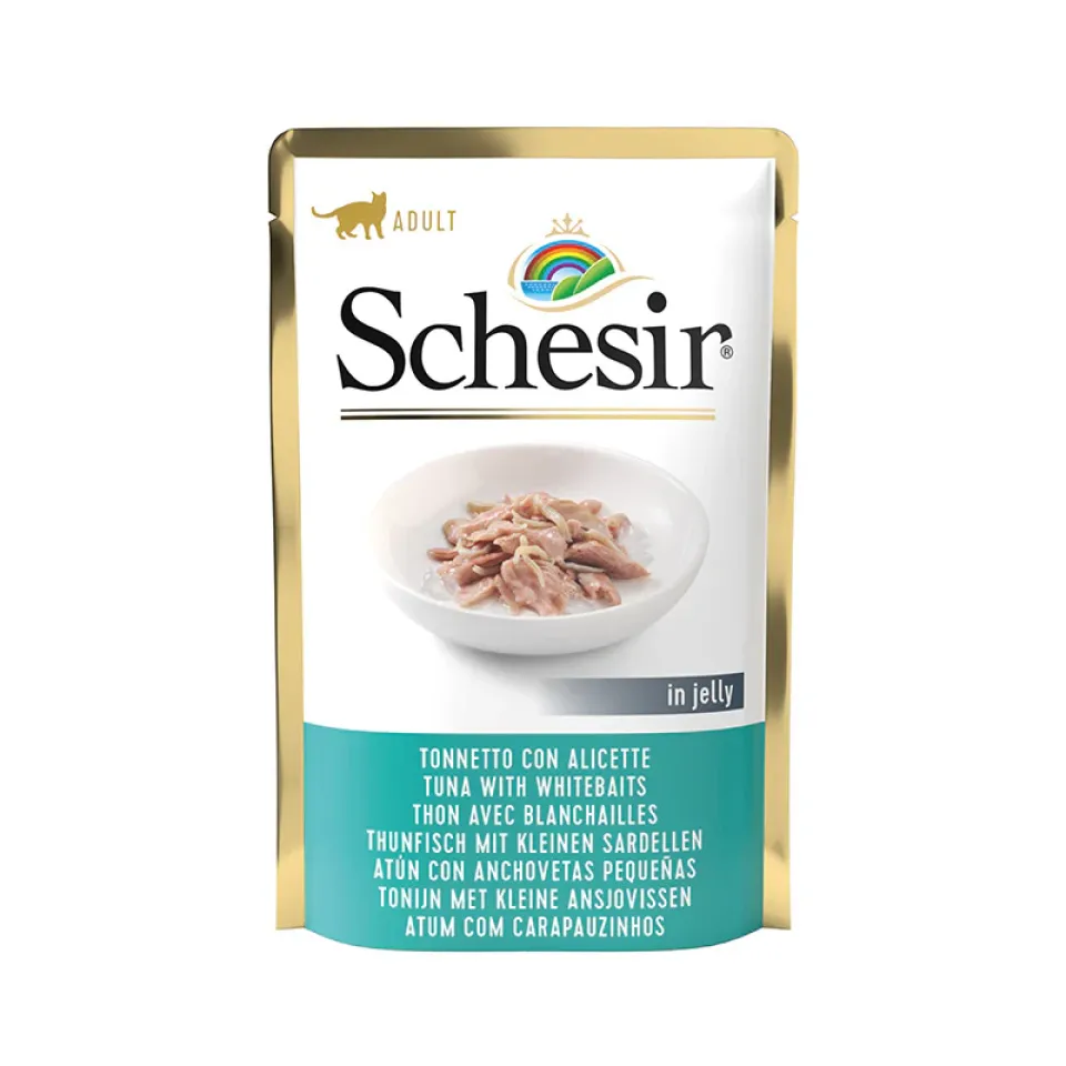 پوچ گربه شسیر ماهی تن و نرم‌تن دریایی در ژله Schesir Tuna with Whitebaits