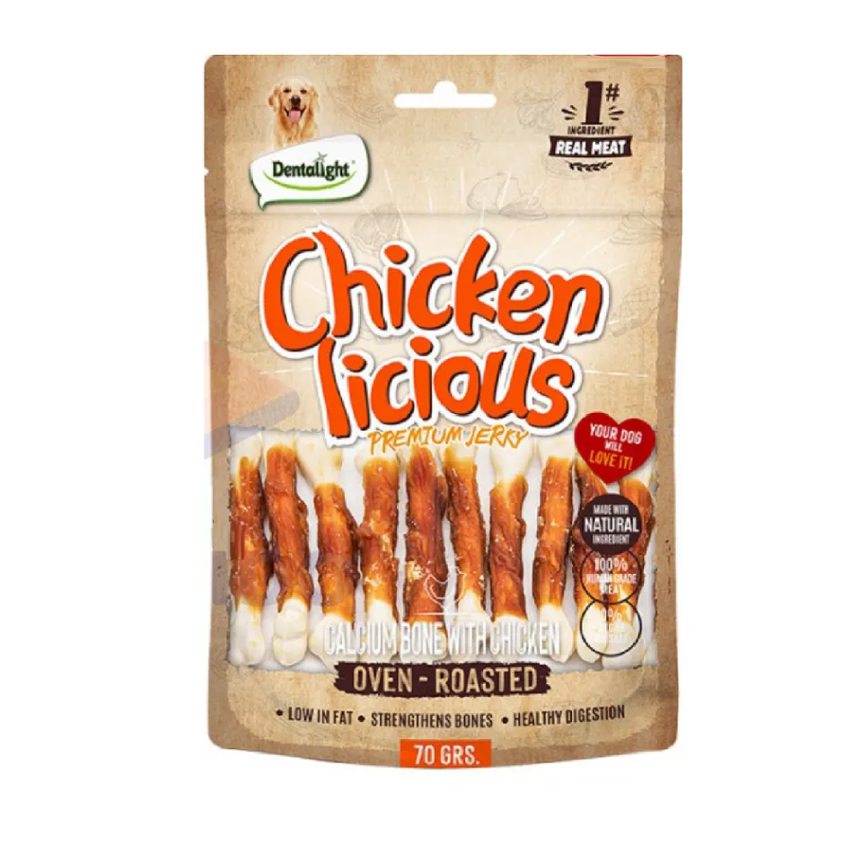 تشویقی سگ دنتالایت استخوان کلسیم دورپیچ مرغ ِDentalight Chicken Licious Premium Jerky-Calcium Bone With Chicken 70g