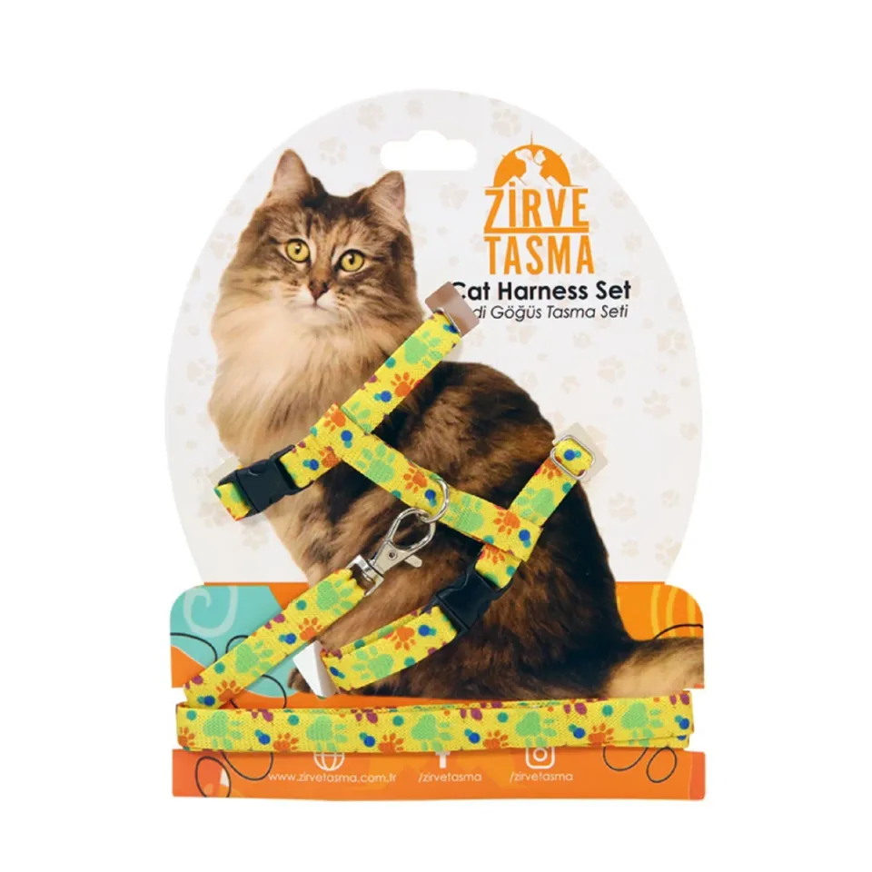 قلاده تنی گربه با بند طرح دار-زرد