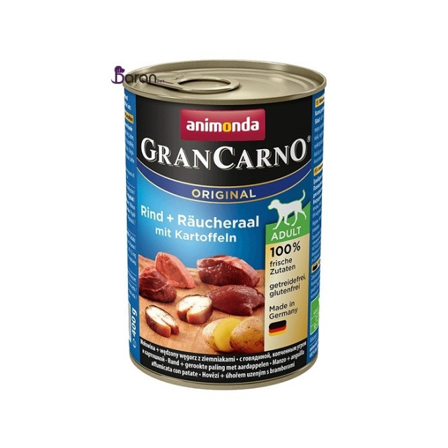 كنسرو سگ گرن کارنو حاوی گوشت گاو، مار ماهی دودی و سیب زمینی (400 گرم)